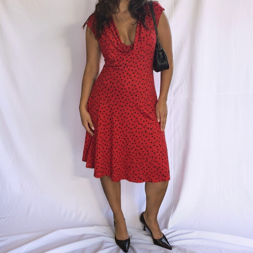 Vintage Y2K Snap Red Black Polka Dot Cowl Neck Dress Size Large